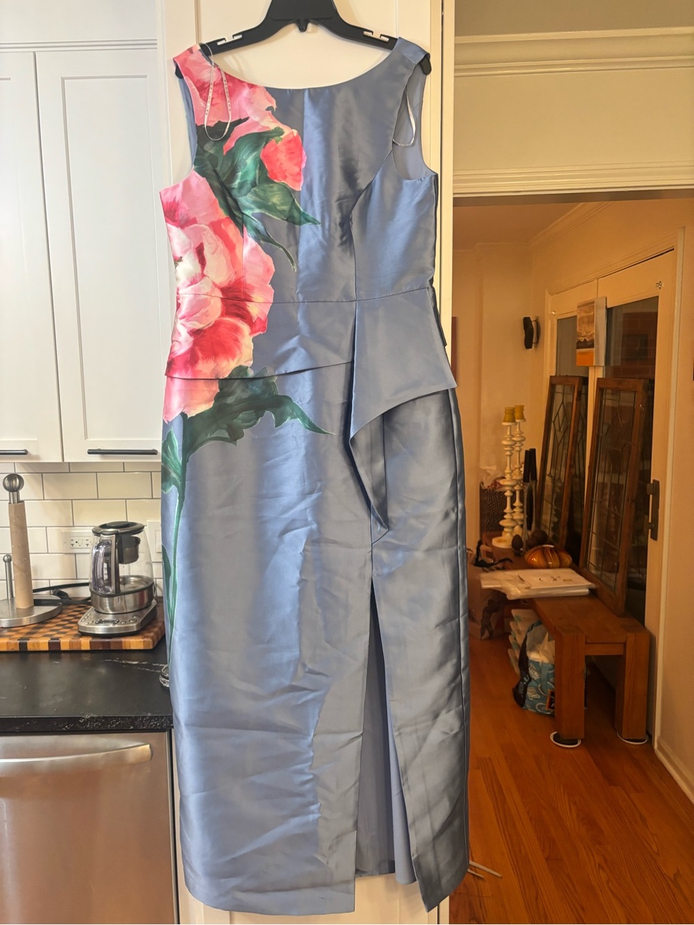 new Kay Unger Luciana floral mikado column maxi gown - pearl blue multi flowers - Picture 5 of 10